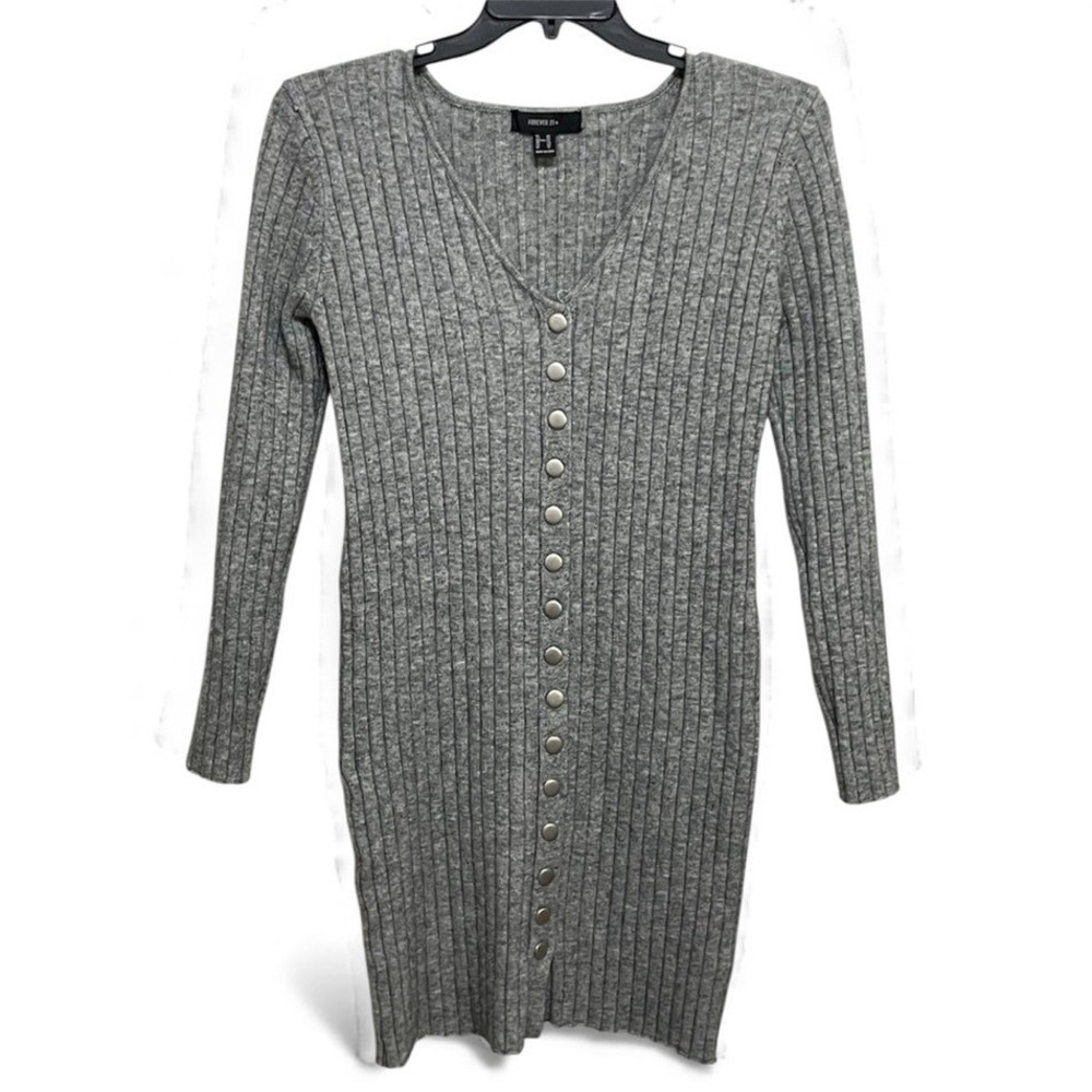 Forever 21 Plus‎ Grey Ribbed Button Front Long Sleeve V Neck Midi Dress Size OX